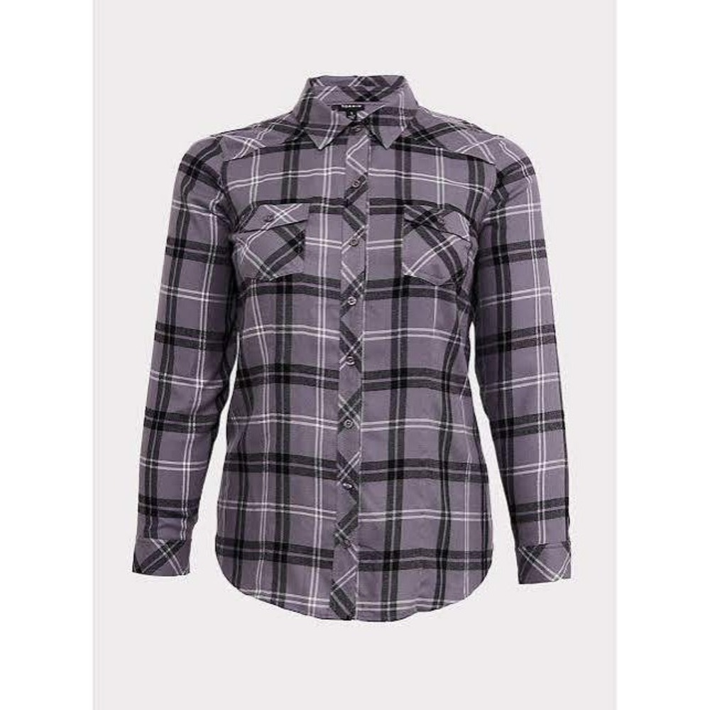 Torrid Plaid Button Down Shirt Western Grunge Grey Black Size 0X XL Flannel